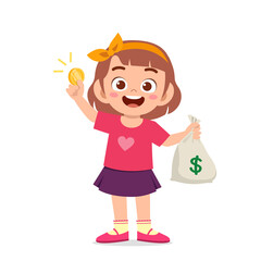 cute little kid girl carry bag of cash and coin