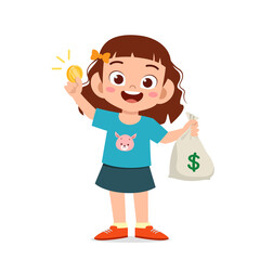 cute little kid girl carry bag of cash and coin