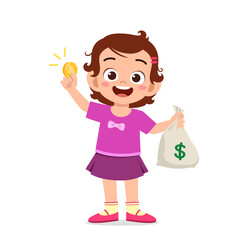 cute little kid girl carry bag of cash and coin