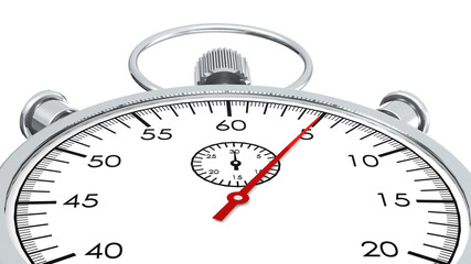 Stopwatch with red second hand approach to 5 seconds