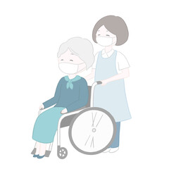車いすのおばあちゃんと介護士　[ マスク着用 ]