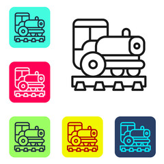 Black line Vintage locomotive icon isolated on white background. Steam locomotive. Set icons in color square buttons. Vector.