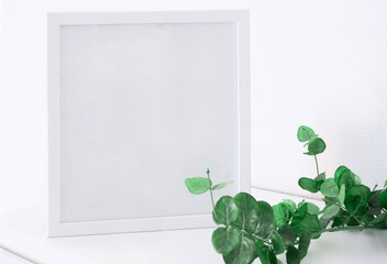 White square frame mockup with a eucalyptus  plant i on a white table.Copy space