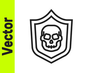 Black line Shield with pirate skull icon isolated on white background. Vector.