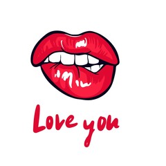 Red sensual lips, a kiss with the inscription loveyou . Vector illustration, greeting card, poster, emblem, sticker, print for t-shirt