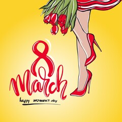 Happy Women's Day March 8. postcard and poster for the spring holiday. Women's feet in high heels in shoes. Cute girly design