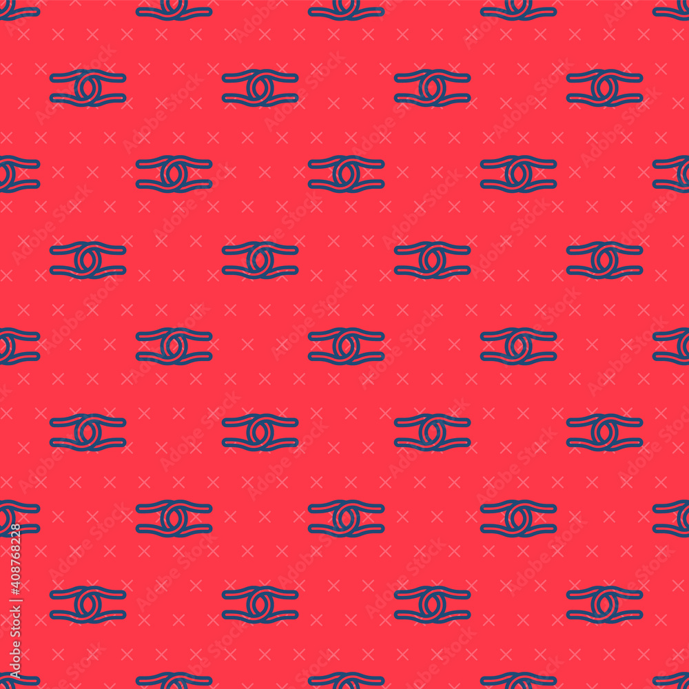 Poster blue line rope tied in a knot icon isolated seamless pattern on red background. vector.