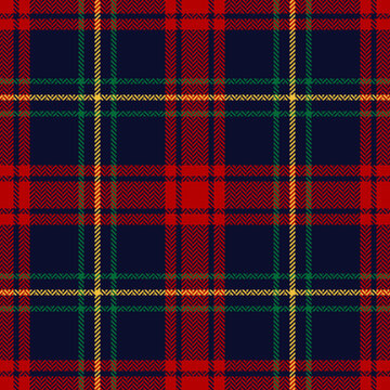 Tartan plaid pattern in red, green, blue, yellow. Herringbone textured multicolored seamless checked background for Christmas flannel shirt, tablecloth, or other modern winter holiday textile print.
