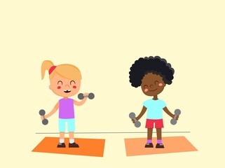 Two girls with dumbbells in their hands are engaged in sports. Different girly athletes. Children play sports.