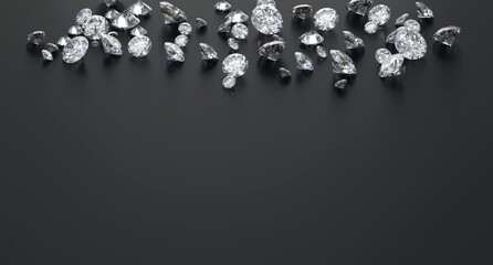 Diamond Group placed on Black Background with Copy Space 3D rendering