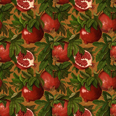 Seamless botanical pattern with bright pomegranate branches. Hand drawing. 3D illustration. Good for design wallpapers, fabric printing, wrapping paper, cloth, notebook covers.