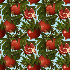 Seamless botanical pattern with bright pomegranate branches. Hand drawing. 3D illustration. Good for design wallpapers, fabric printing, wrapping paper, cloth, notebook covers.