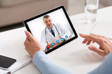 Video Call With Doctor. Unrecognizable Female Having Web Cinference With Therapist