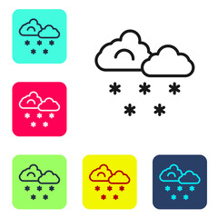 Black line Cloud with snow icon isolated on white background. Cloud with snowflakes. Single weather icon. Snowing sign. Set icons in color square buttons. Vector.