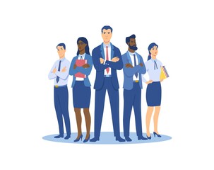 Group of people men and women in business suits. Diverse multiracial business team is ready to work. Flat cartoon vector illustrartion isolated on white background