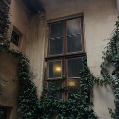 

A window overgrown with a plant.