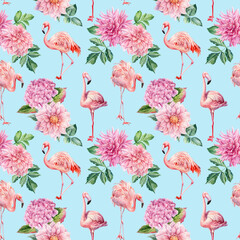 Flamingo seamless pattern. Pink flamingo and flowers isolated background, tropical bird watercolor 