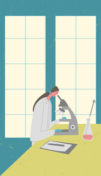 Doctor is working at chemical laboratory. Looking to microscope, testing samples. Vector illustration.