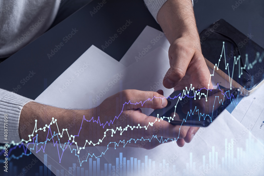 Poster trader holding in the hands a smart phone and researching stock market to proceed right investment s