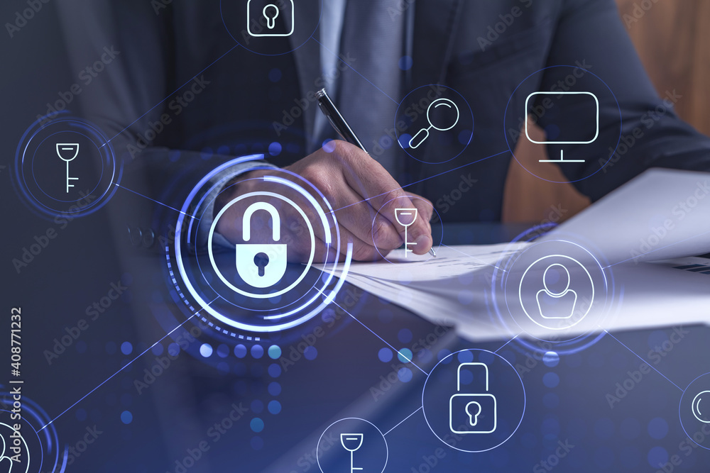 Poster a businessman in formal wear signing the contract to prevent probability of risks in cyber security.