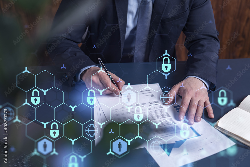 Poster a businessman in formal wear signing the contract to prevent probability of risks in cyber security.