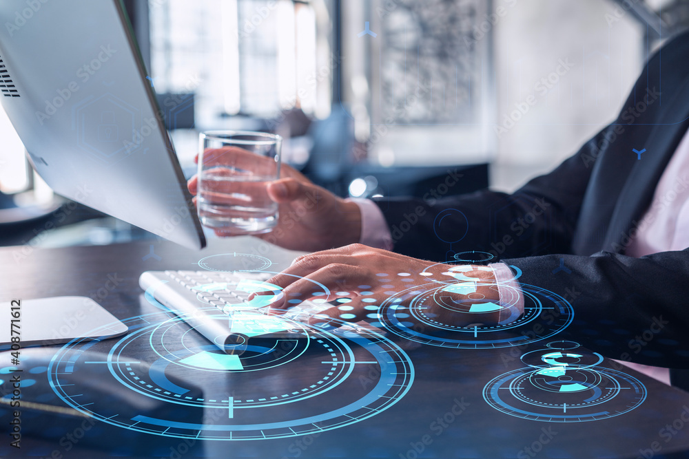 Poster hands typing the keyboard to create innovative software to change the world and provide a completely