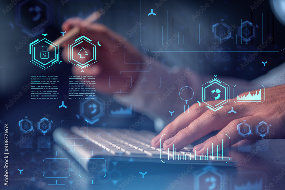 Poster hands typing the keyboard to create innovative software to change the world and provide a completely