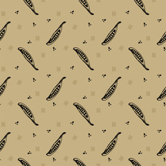 Botanical pattern with pod and chaotic spots in beige and black colors, seamless