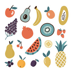 Colorful set of organic tropical fruits and berries or vegetarian food on white background. Vector hand drawn collection icon in flat style