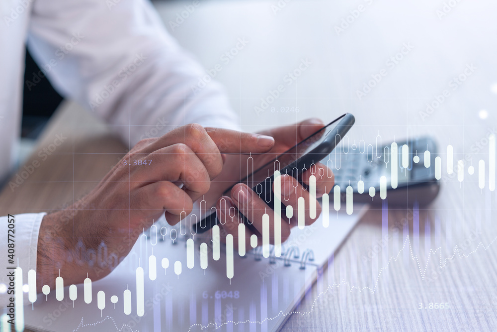 Poster trader holding in the hands a smart phone and researching stock market to proceed right investment s