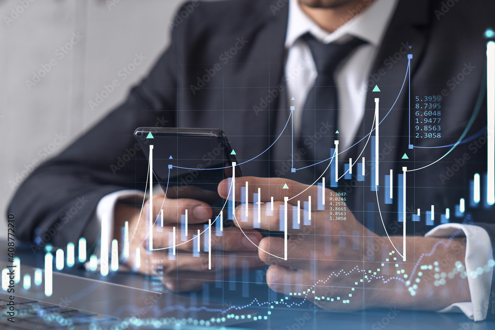 Poster trader holding in the hands a smart phone and researching stock market to proceed right investment s