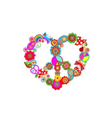 Funny paper cutting colorful hippie peace symbol in heart shape with flower-power, fly agaric, paisley, butterflies and  rainbow for t-shirt, bag design, fashion print