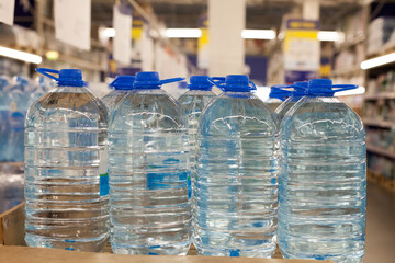 Plastic bottles of mineral water in  shop