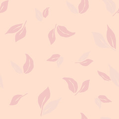 Neutral seamless pattern of pink leaves on pink background. Cute, childish repeating ornament in cartoon style. Modern natural vector