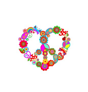 Funny paper cutting colorful hippie peace symbol in heart shape with flower-power, fly agaric, paisley, butterflies and  rainbow for t-shirt, bag design, fashion print