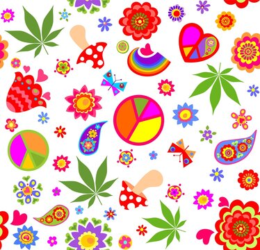 Funny seamless wallpaper with peace symbol, flower-power, marijuana leaves, fly agaric, paisley, butterflies and rainbow for bag design, fashion print, wrapping paper