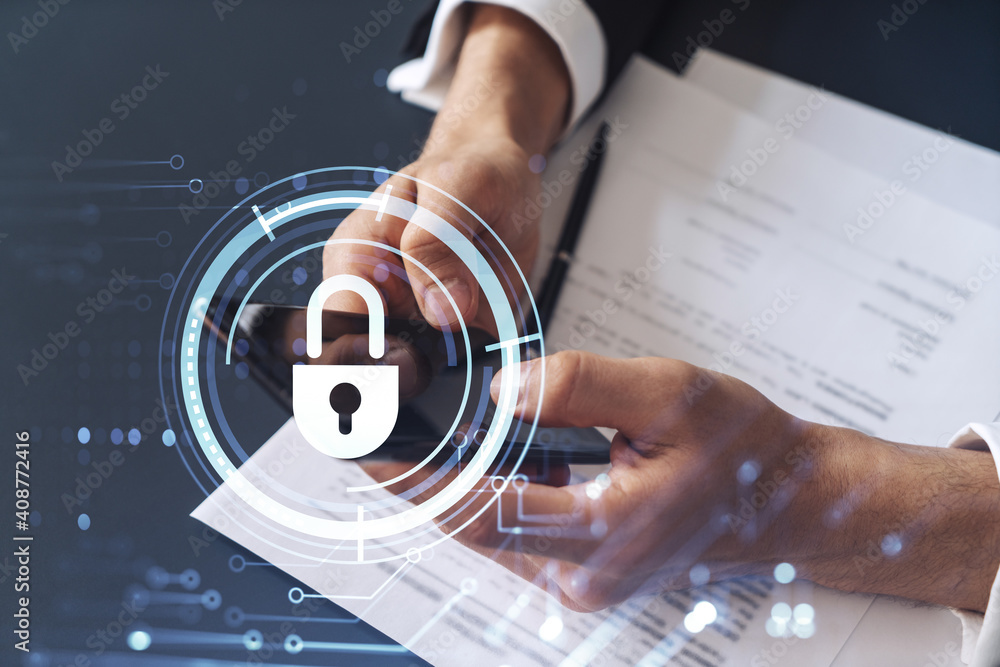 Poster a businessman in formal wear reading the contract to prevent probability of risks in cyber security 