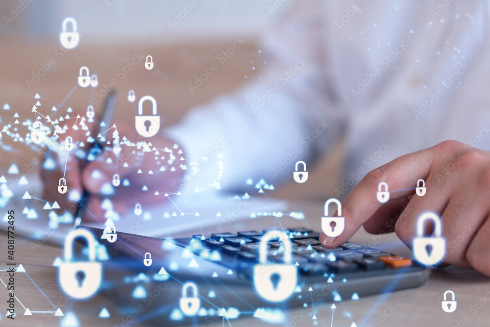 Poster a businessman computing probability of risks in cyber security protection using calculator. padlock 