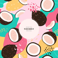 Vector frame with doodle coconut and abstract elements. Hand drawn illustrations.
