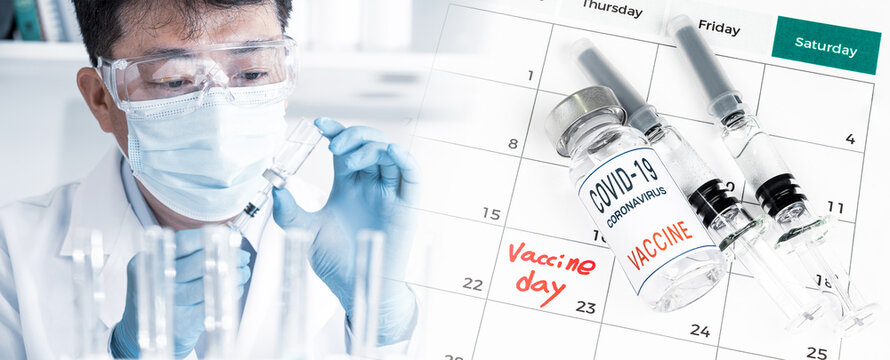A calendar with the date of the vaccination with the doctor holding the vaccination shot.
