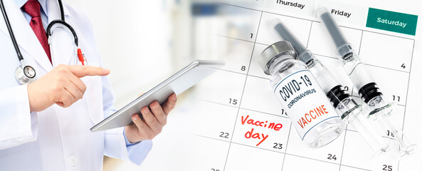 Calendar with a date of vaccination with a doctor filling out the medical chart.