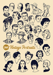 Vector set of 30 vintage medal style portraits hand drawn
