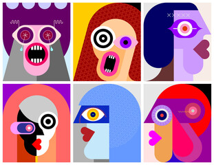 Six People Portraits modern art vector illustration. Six flat design different faces.