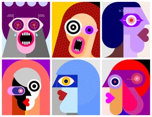 Foto op Canvas Zes mensen portretten moderne kunst vectorillustratie. Zes platte ontwerp verschillende gezichten. ©  danjazzia