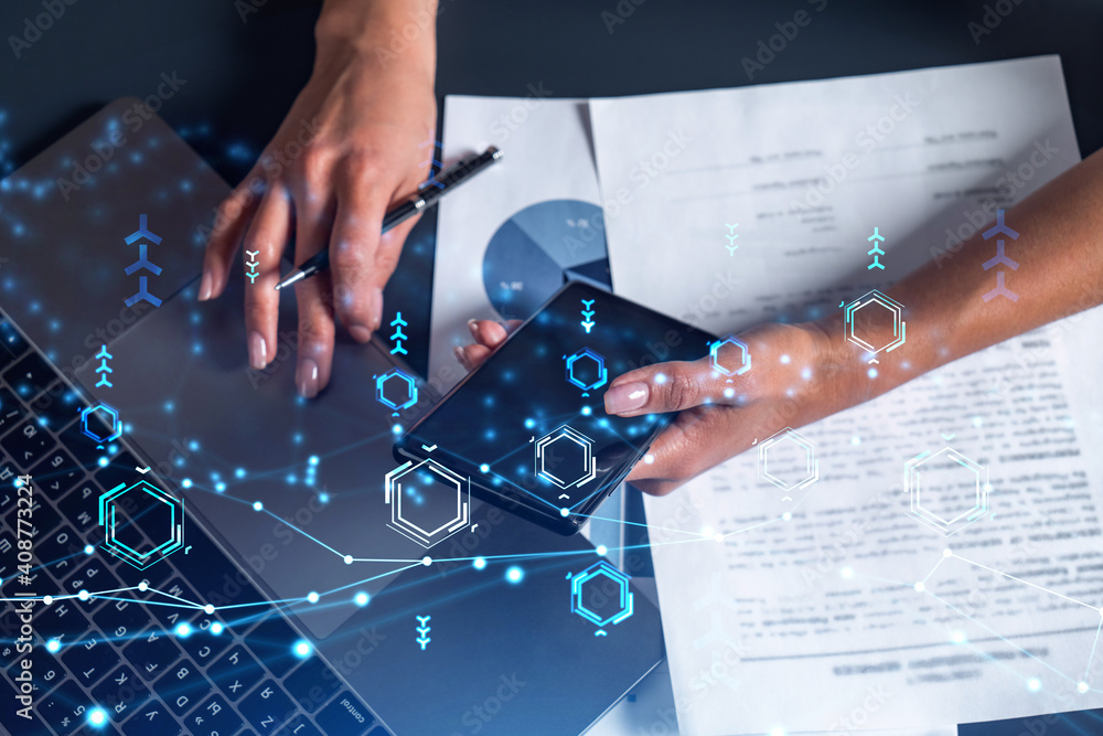 Poster woman hands typing the keyboard to create innovative software to change the world and provide a comp