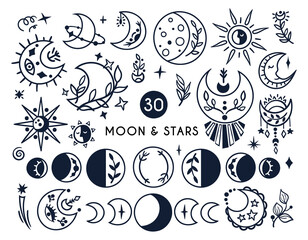 Black-white celestial moon and sun boho kids clipart, hand drawn line mystical symbols isolated on white background, cute magic baby illustration, vector design elements