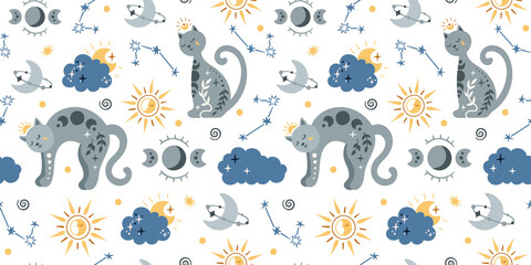 Celestial boho kids seamless pattern with space cat, clouds, sun, moon and stars, celestial sky digital paper, mystical nursery background for textile, scrapbooking, wrapping paper, wallpaper