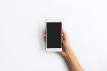 Top view studio shot hand holding mobile phone blank touch screen. Isolated on white background. Copy space