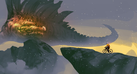 Digital illustration painting design style a Cyclist Riding the Bike on the Mountain, against giant monster.
