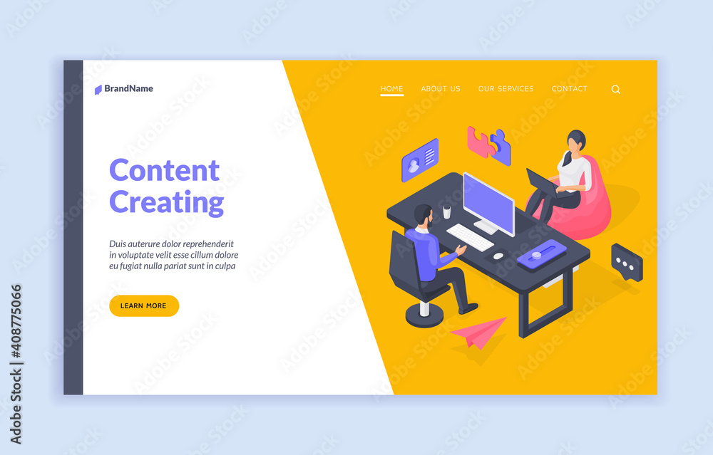 Wall mural office workers creating content together. banner template. isometric vector illustration